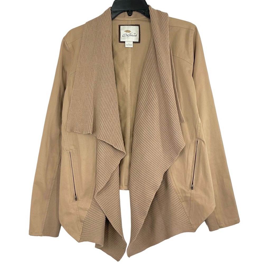 Bob Timberlake Women's Large Tan Open‎ Front Knit Trim Waterfall Cardigan Jacket